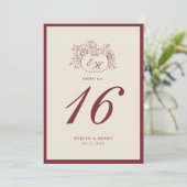 Bordeaux Pompoen Monogram Huwelijk Tafelnummer (Staand voorkant)