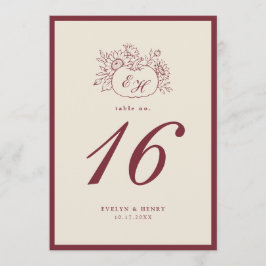 Bordeaux Pompoen Monogram Huwelijk Tafelnummer