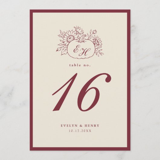 Bordeaux Pompoen Monogram Huwelijk Tafelnummer (Voorkant)