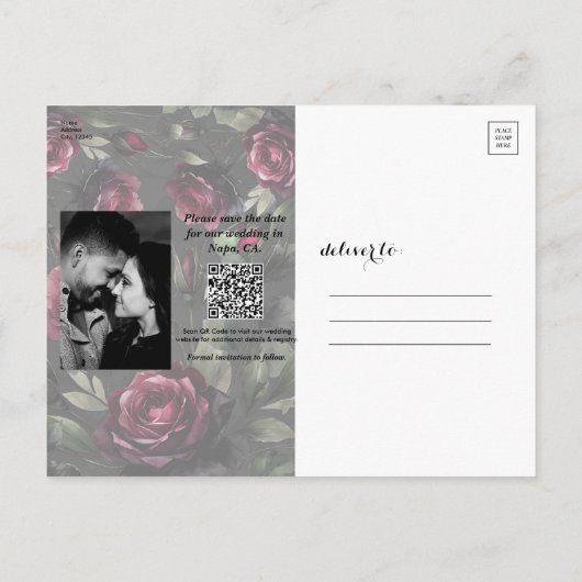 Bordeaux Red Roses Shadowy Grey Floral Opslagdatum Aankondigingskaart (Achterkant)