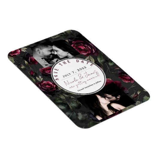 Bordeaux Red Roses Shadowy Grey Floral Opslagdatum Magneet (Rechterzijde)