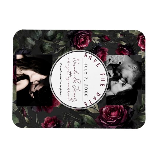 Bordeaux Red Roses Shadowy Grey Floral Opslagdatum Magneet (Horizontaal)