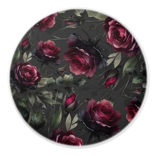 Bordeaux rode rozen schimmige grijze bloem keramische knop (Voorkant)