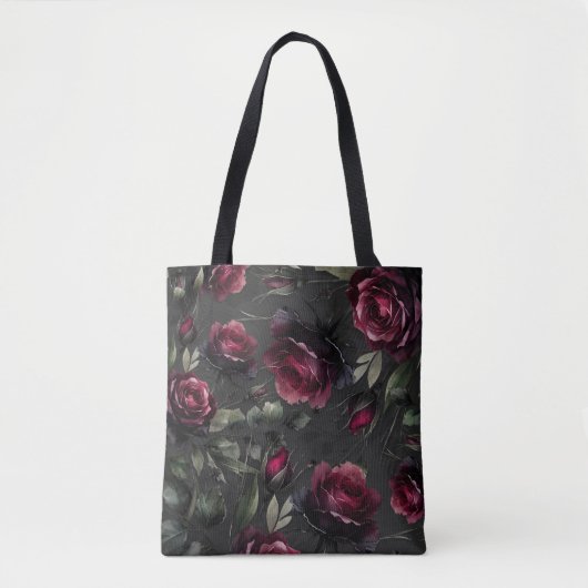 Bordeaux rode rozen schimmige grijze bloem tote bag (Voorkant)