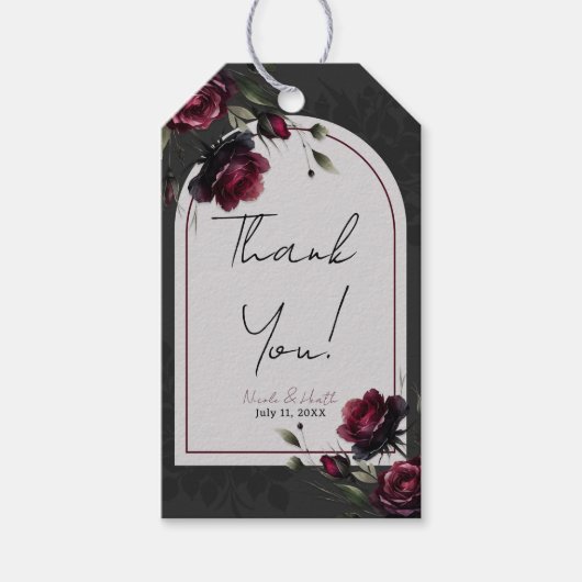 Bordeaux rode rozen schimmige grijze bloemenbruilo cadeaulabel (Voorkant)