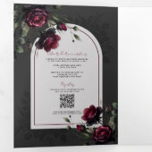 Bordeaux rode rozen schimmige grijze bloemenbruilo drieluik uitnodiging (Binnenzijde eerst)