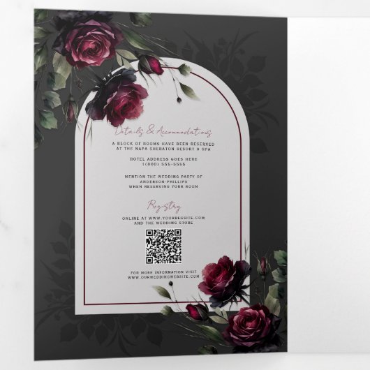 Bordeaux rode rozen schimmige grijze bloemenbruilo drieluik uitnodiging (Binnenzijde eerst)