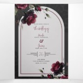 Bordeaux rode rozen schimmige grijze bloemenbruilo drieluik uitnodiging (Binnenkant midden)