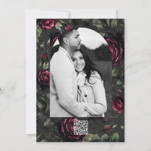 Bordeaux rode rozen schimmige grijze bloemenbruilo kaart (Achterkant)