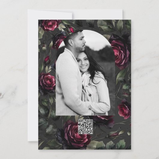 Bordeaux rode rozen schimmige grijze bloemenbruilo kaart (Achterkant)