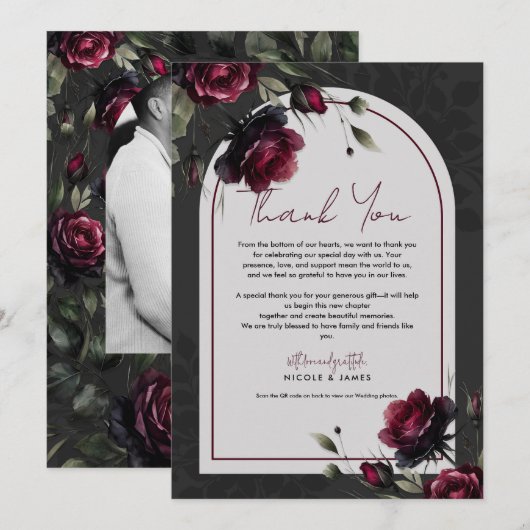 Bordeaux rode rozen schimmige grijze bloemenbruilo kaart (Voorkant / Achterkant)