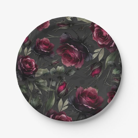 Bordeaux rode rozen schimmige grijze bloemenbruilo papieren bordje (Voorkant)