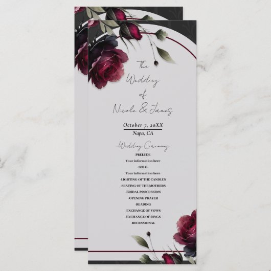 Bordeaux rode rozen schimmige grijze bloemenbruilo programmakaart (Voorkant / Achterkant)