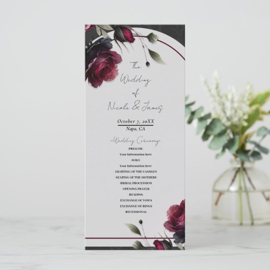 Bordeaux rode rozen schimmige grijze bloemenbruilo programmakaart (Staand voorkant)