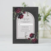 Bordeaux rode rozen schimmige grijze bloemenbruilo RSVP kaartje (Staand voorkant)