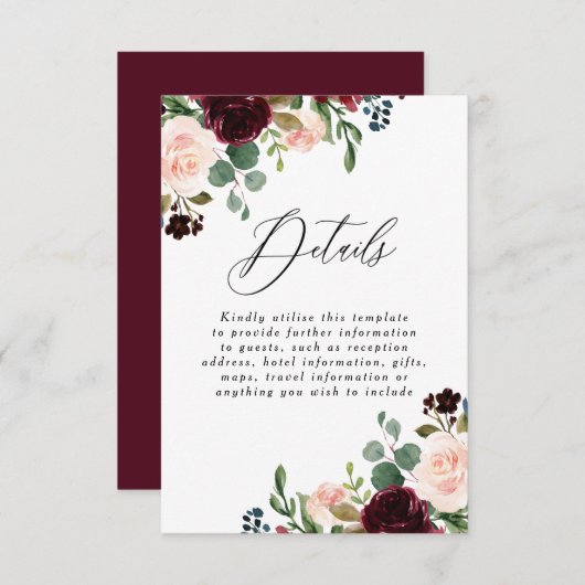 Bordeaux Rode Wijn Blush Trouwdetails Ontvangst Informatiekaartje (Voorkant / Achterkant)