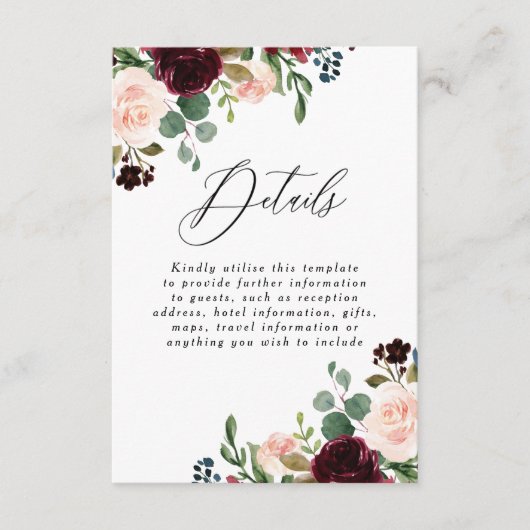 Bordeaux Rode Wijn Blush Trouwdetails Ontvangst Informatiekaartje (Voorkant)