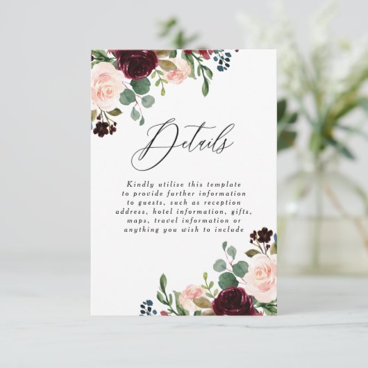 Bordeaux Rode Wijn Blush Trouwdetails Ontvangst Informatiekaartje (Staand voorkant)
