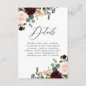 Bordeaux Rode Wijn Blush Trouwdetails Receptie Informatiekaartje (Voorkant)