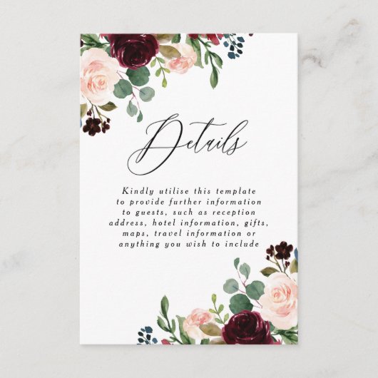 Bordeaux Rode Wijn Blush Trouwdetails Receptie Informatiekaartje (Voorkant)