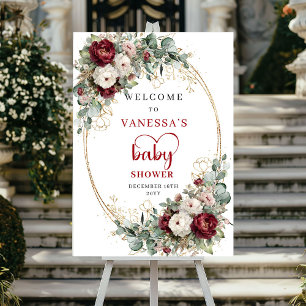 Bordeaux-rood goud bloem baby shower welkom poster