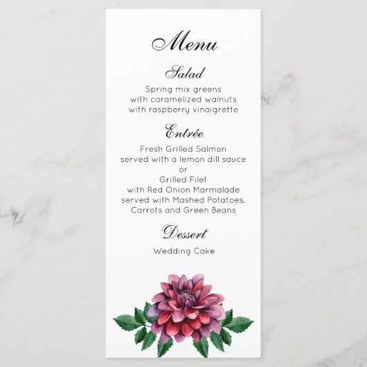 Bordeaux-rood huwelijksdiner menu. Dahlia's menu f (Voorkant)