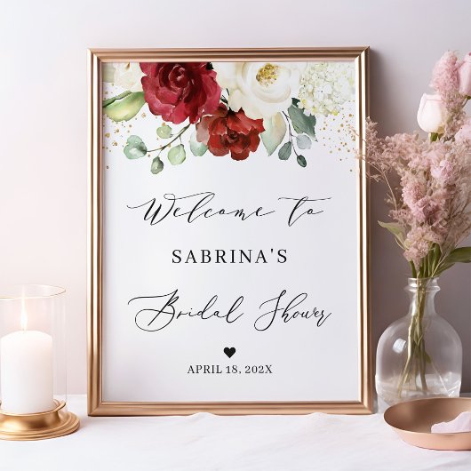 Bordeaux Rood Witte Roos Bloemrijke Bruidsaunasfee Poster