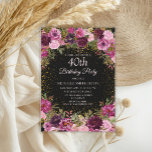 Bordeaux Roze Bloem Glitter Zwart 40e Verjaardag Kaart<br><div class="desc">Elegante en romantische roze,  bordeaux en paarse aquarel vintage bloemen en gebladerte op zwarte aangepaste 40e verjaardagsuitnodiging met gouden glitter. Gepersonaliseerd met de naam van de eregast.</div>