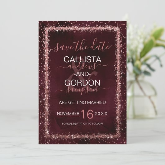 Bordeaux Roze Goud Gestrooide Confetti Bruiloft Save The Date (Staand voorkant)