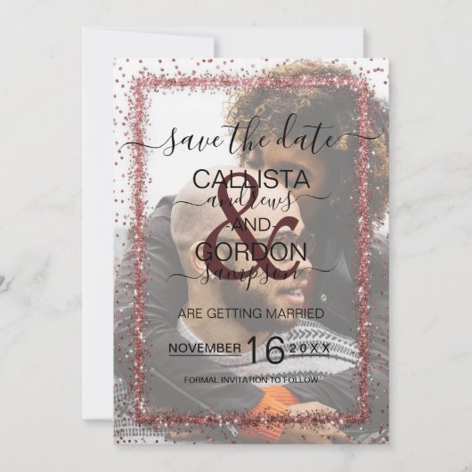 Bordeaux Roze Gouden Confetti Foto Bruiloft Save The Date (Voorkant)