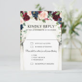 Bordeaux Roze Marine Bloem Boog Baldakijn Bruiloft RSVP Kaartje (Staand voorkant)