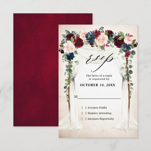 Bordeaux Roze Marine Bloem Boog Baldakijn Bruiloft RSVP Kaartje (Voorkant / Achterkant)