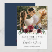 Bordeaux Roze Navyblauw Bloem Bruiloft Save The Date (Voorkant / Achterkant)