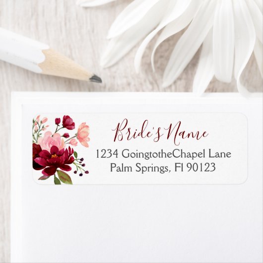 Bordeaux Roze Waterverf Bloem Bruidsdouche Etiket (Insitu)