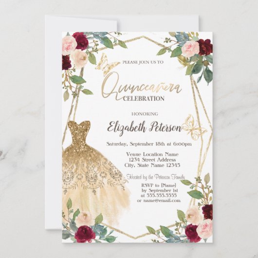 Bordeaux Rozen Glitter Jurk Vlinder Kaart (Voorkant)