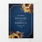 Bordeaux Rozen Zonnebloem Marineblauw QR Code Brui Drieluik Uitnodiging (Cover)