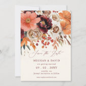 Bordeaux Sinaasappel Bloemige Herfst Bruiloft Save The Date (Voorkant)