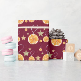 Bordeaux Sinaasappels en Sterren Op Winterwit Cadeaupapier