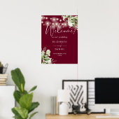 Bordeaux Sliert Lichtjes Bloem Bruiloft Welkom Poster (Thuiskantoor)