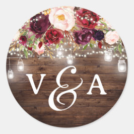 Bordeaux Slingerlichten Monogram Huwelijkssticker Ronde Sticker