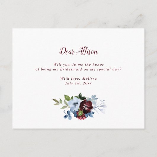 bordeaux stoffig blauw word jij mijn bruidsmeisje uitnodiging briefkaart (Achterkant)