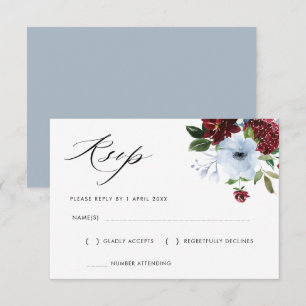 Bordeaux stoffig blauwe bloemen RSVP kaart
