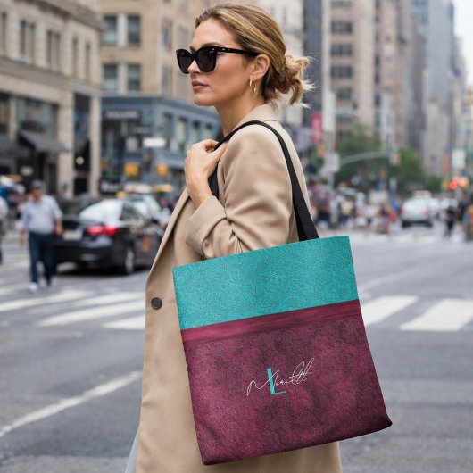 Bordeaux & Turquoise Kant Mode Personaliseerbaar Tote Bag