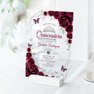 Bordeaux Watercolor Bloemen Quinceanera Acryl Uitnodigingen