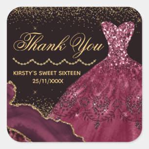 Bordeaux Watercolor Glitter Jurk & agate Sweet 16 Vierkante Sticker