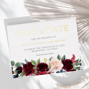 Bordeaux-waterverf bloemen bruiloft Save the date  Folie Uitnodiging Briefkaart