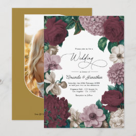 Bordeaux Wijn, Mauve Rook & Tulle Beige Trouwfeest Kaart