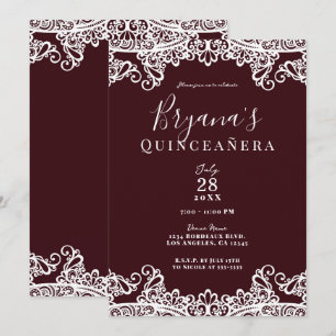Bordeaux wijn & witte kant Elegante Quinceañera Kaart