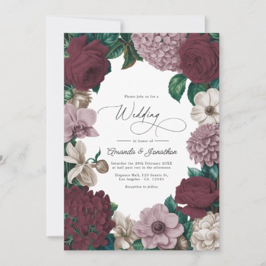 Bordeaux Wine, Mauve Smoke & Tulle Beige Wedding Kaart (Voorkant)