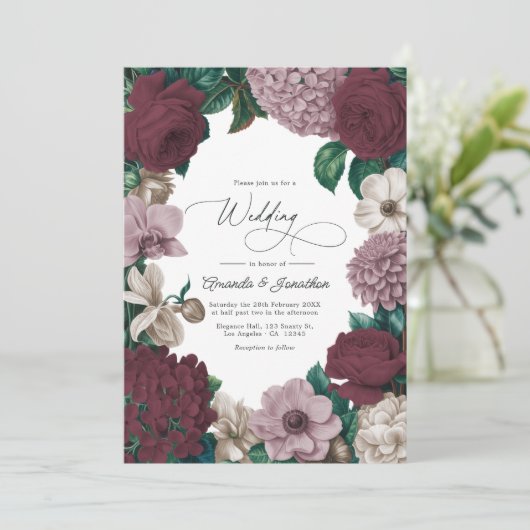 Bordeaux Wine, Mauve Smoke & Tulle Beige Wedding Kaart (Staand voorkant)